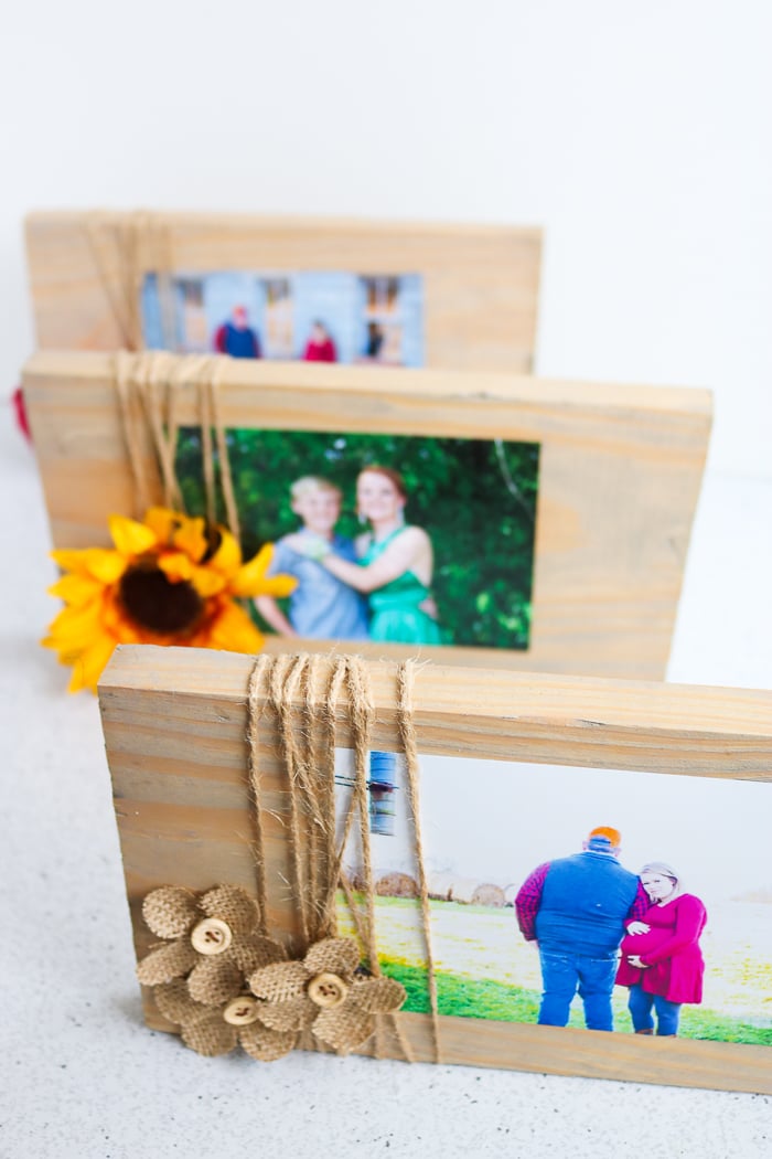 Learn how to make a picture frame from scrap wood then add on some fun embellishments including burlap flowers and even sunflowers!