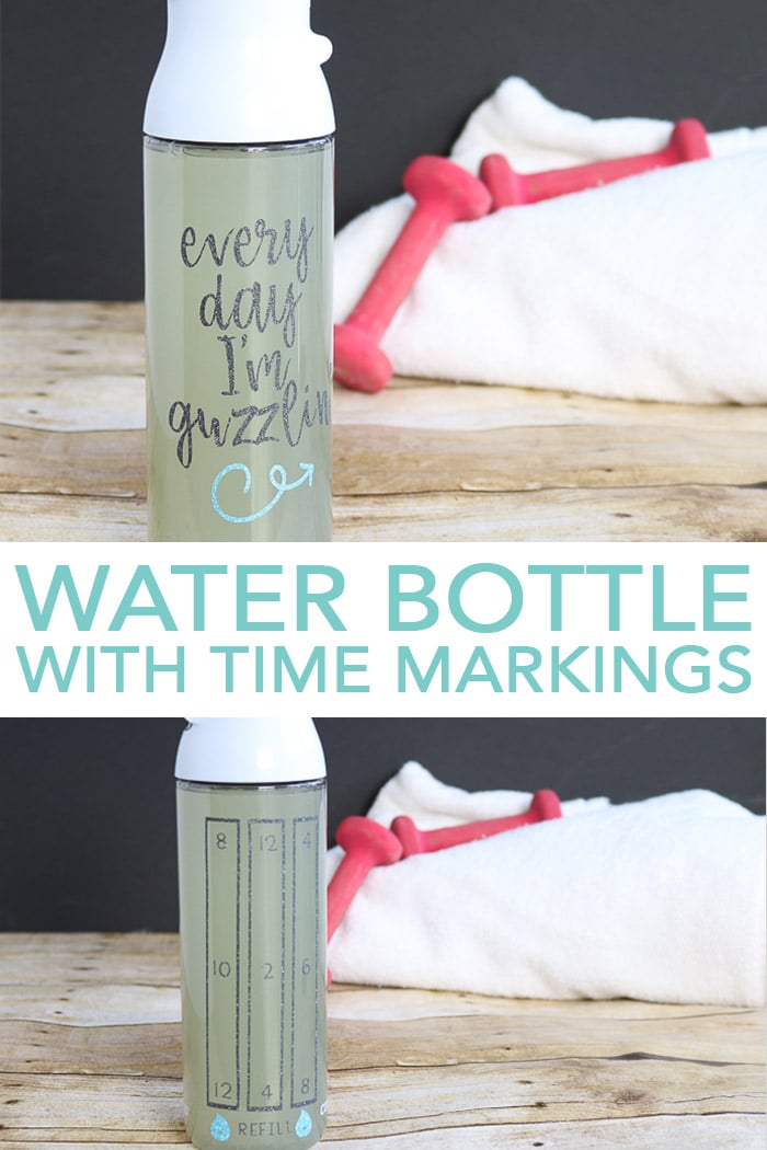 Make a water bottle with time markings with your Cricut machine! Includes the cut file for glitter vinyl! #cricut #cricutmade #water #healthy