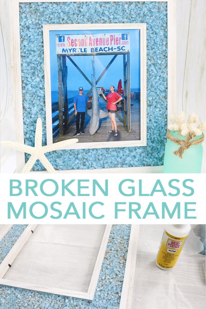 Learn how to make this broken glass mosaic frame with Mod Podge Ultra in minutes! The perfect beachy look for your coastal themed home! #plaidcrafts #coastal #beach #nautical #homedecor