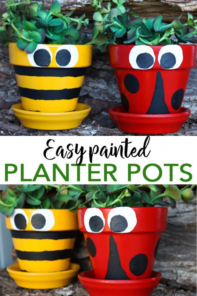 Pot decoration ideas that are super simple and easy to make! Paint your clay pots like a ladybug or a bee with these step by step instructions! #testors #testorscrafternoons #ladybug #bee #claypots #garden #gardening