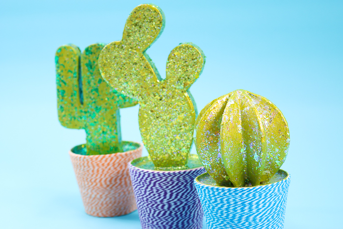 Easy DIY cactus from a tutorial that includes how to add extreme glitter to paper mache.