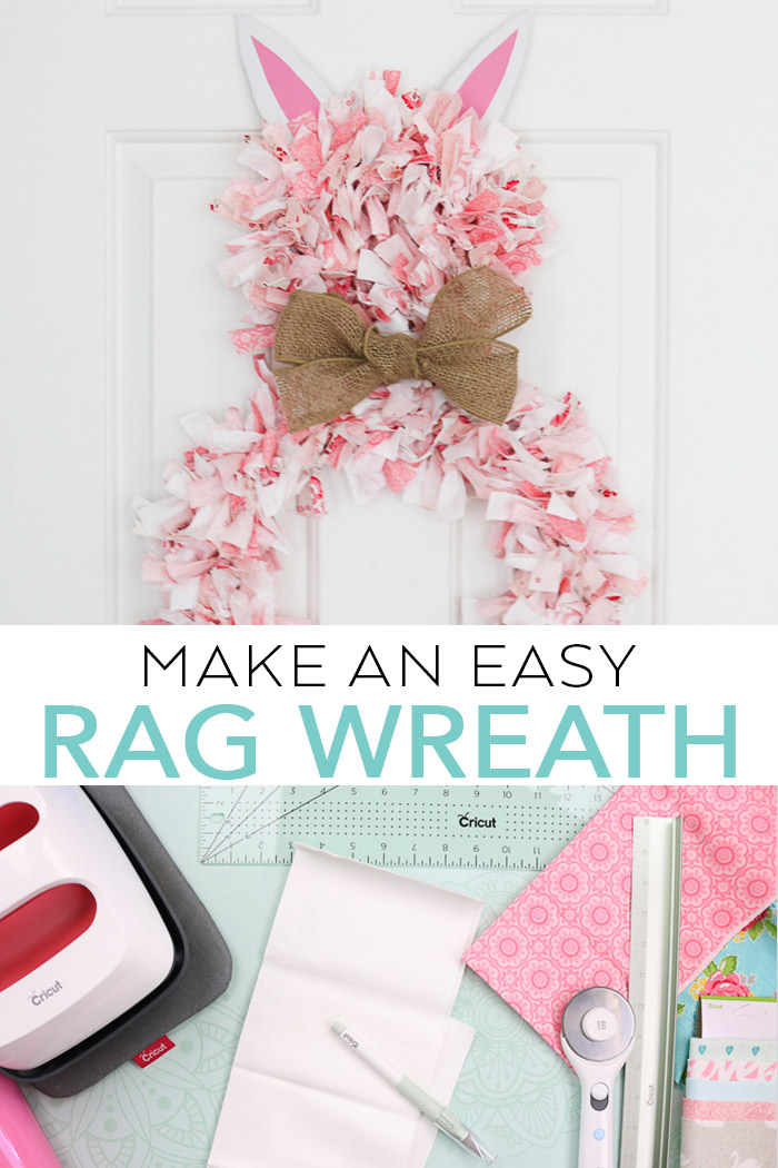 Learn how to make a rag wreath that looks like an Easter bunny with Cricut hand tools! #cricut #cricutmade #easter #bunny #spring #wreath