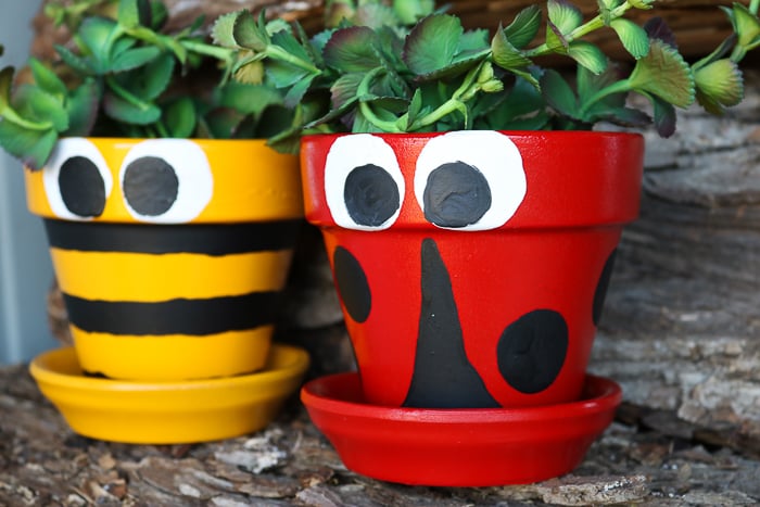 Flower pot decoration ideas using paint including a ladybug and a bee for spring!