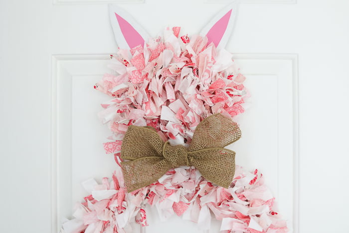 Rag wreath shaped like an Easter bunny that includes a step-by-step tutorial for using Cricut Hand tools to make this cute wreath!