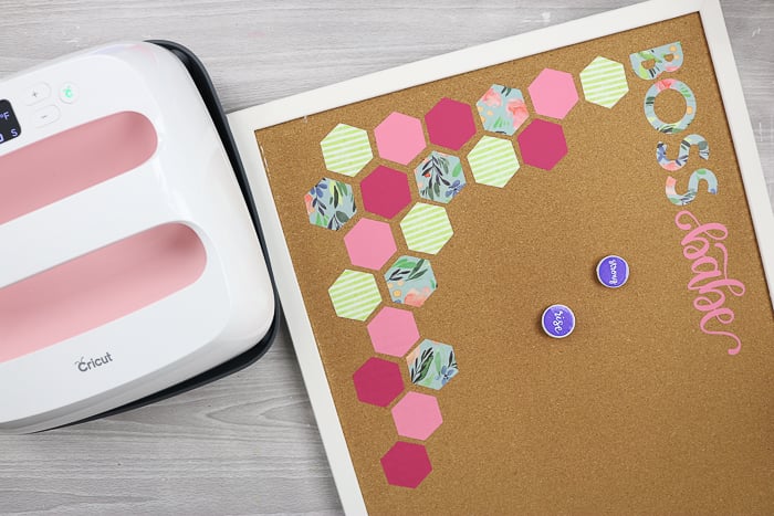 printing "boss babe" and other shapes for a DIY cork board idea using your Cricut machine.