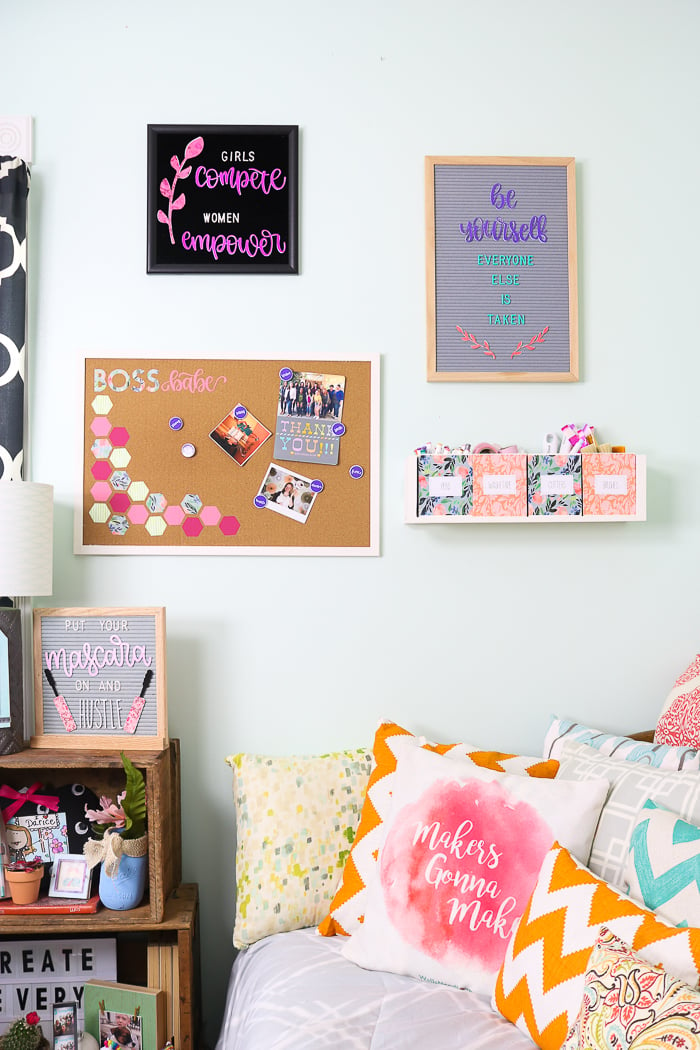 Adding a DIY cork board to an office for a boss babe with your Cricut machine.