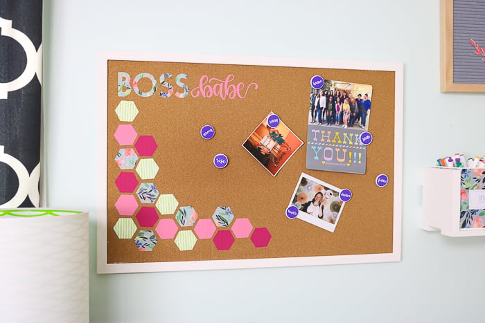 DIY framed cork board with the Cricut machine and heat transfer vinyl