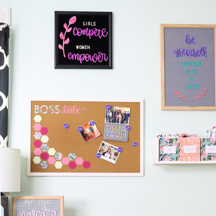 Fun office decor in pink hues with the Cricut Explore Air 2 in Wild Rose