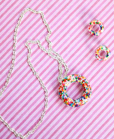 Donut charm necklace and earrings made from resin