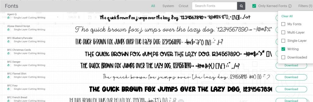 filtering for writing fonts