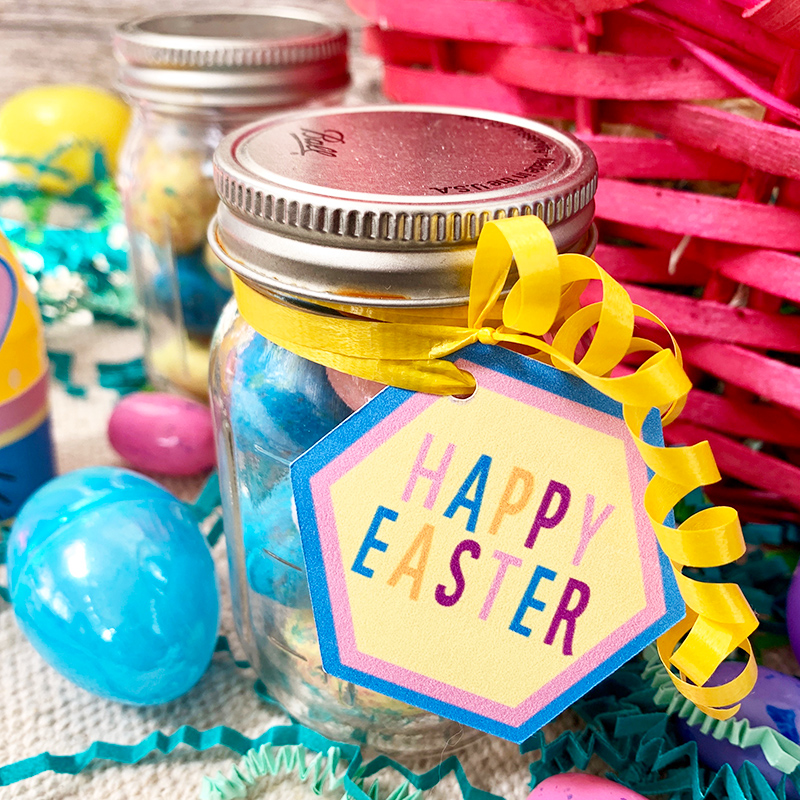 Easter mason jar gift with happy Easter tag made on the Cricut machine