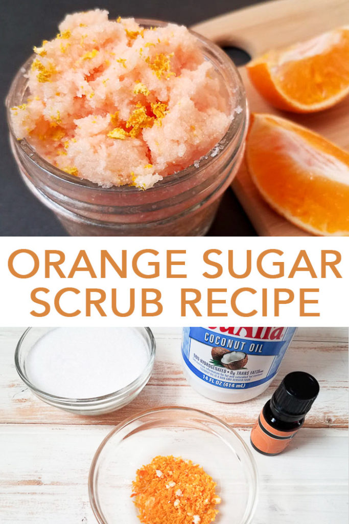 Mix up this orange sugar scrub recipe for yourself or as an inexpensive gift idea! Orange peel sugar scrub is a great way to refresh your skin! #sugarscrub #giftidea #masonjar