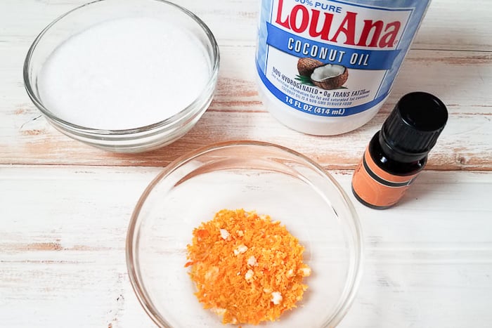 Ingredients to make orange zest sugar scrub