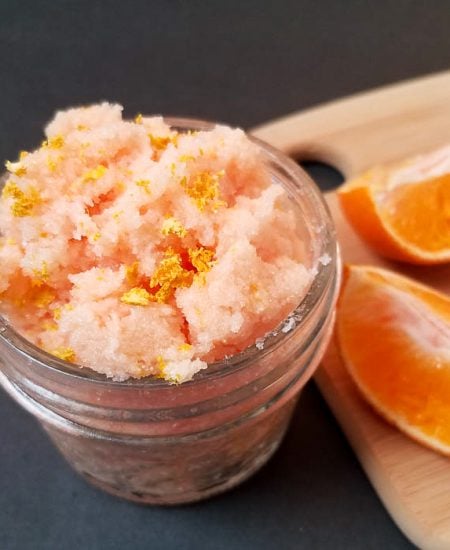 Sweet orange sugar scrub recipe that includes orange zest.