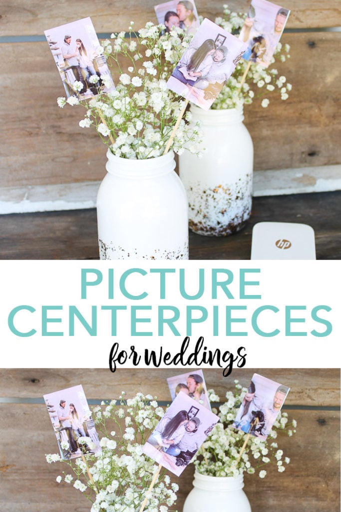 Make these picture centerpieces for weddings, graduations, bridal showers, and so much more! The best part is you can make them yourself in minutes! #weddings #masonjar #centerpiece