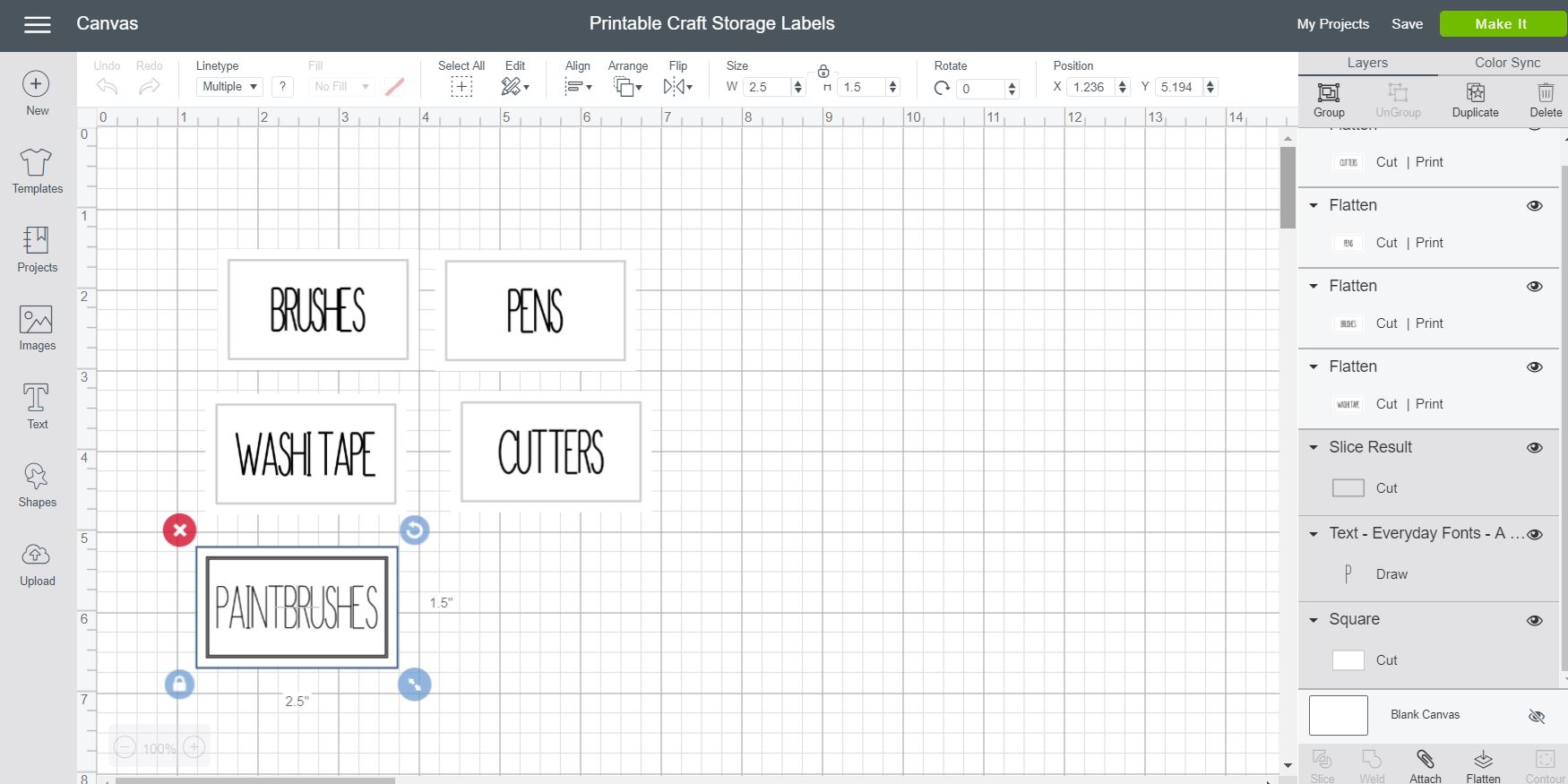 Customizing print then cut labels in Cricut Design Space.