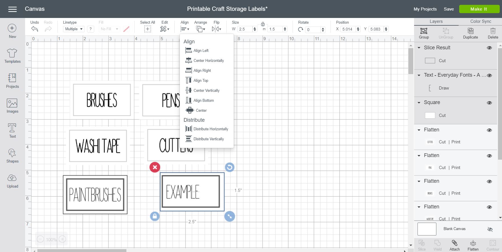 Using align tool in Cricut Design Space.