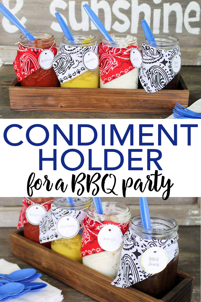 BBQ party ideas including this cute condiment holder that is perfect for your summer or even patriotic parties! Make this one in minutes with mason jars and a few supplies! #bbq #party #backyard #patriotic
