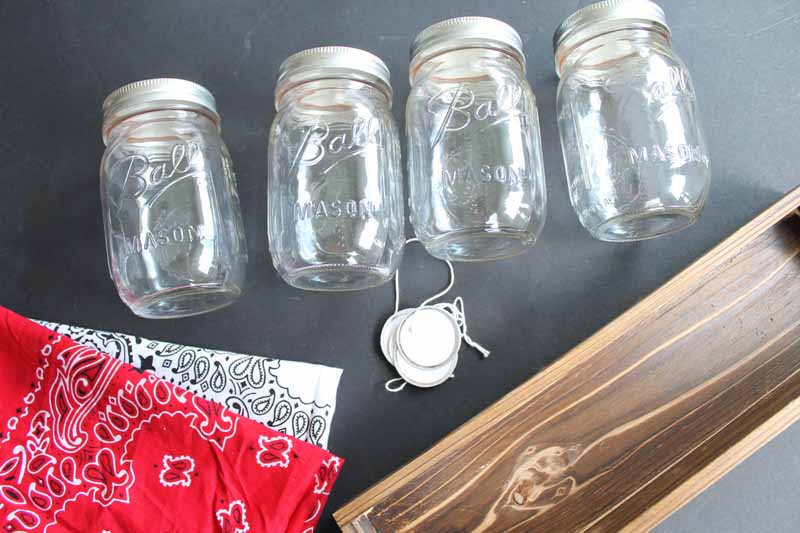 mason jars, bandannas, wood box, tags