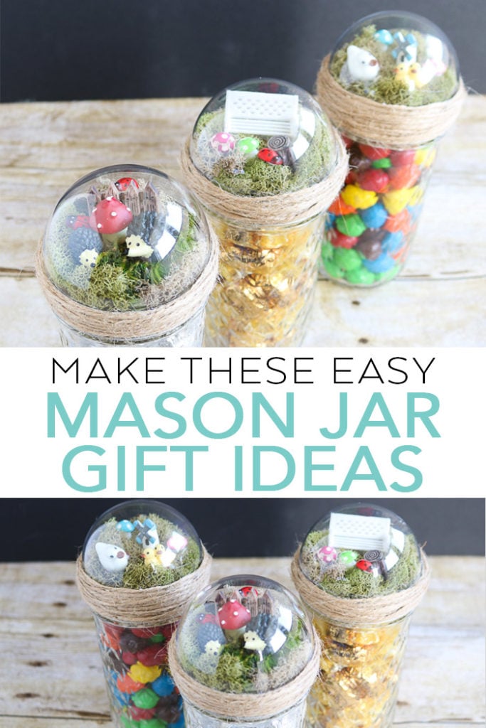 Make these easy mason jar gift ideas for someone you love! Quick and easy craft idea for putting a small fairy garden on top of a mason jar then adding a gift inside! #masonjars #giftidea #fairygarden