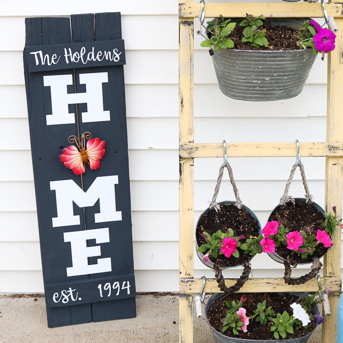 DIY Home sign with a butterfly garden ornament as the O, next to my wooden hanging planter stand