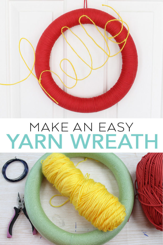 Learn how to make a door wreath with yarn! This easy to make yarn wreath will welcome visitors to your home! #wreath #yarn #crafts