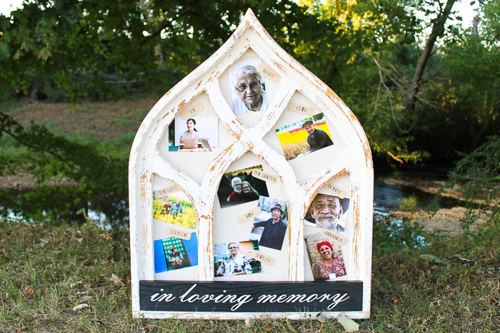 wedding memorial table ideas including a large frame that stands up with loved ones pictures