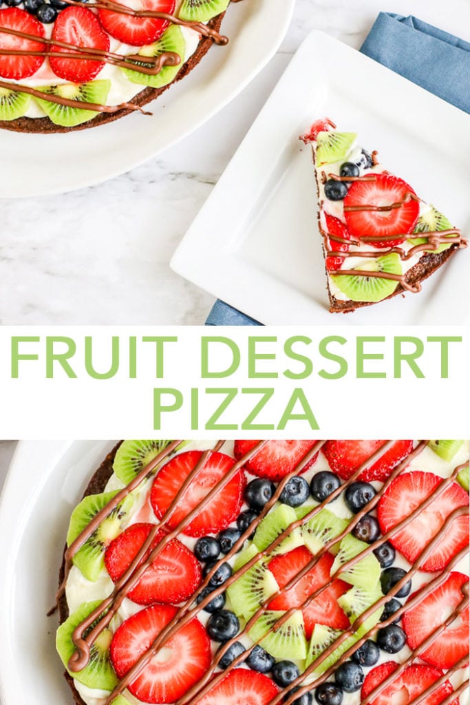 Our fruit dessert pizza has an amazing brownie crust that you will love! Get this easy fruit pizza recipe and whip it up this summer! #dessert #summer #fruit #chocolate