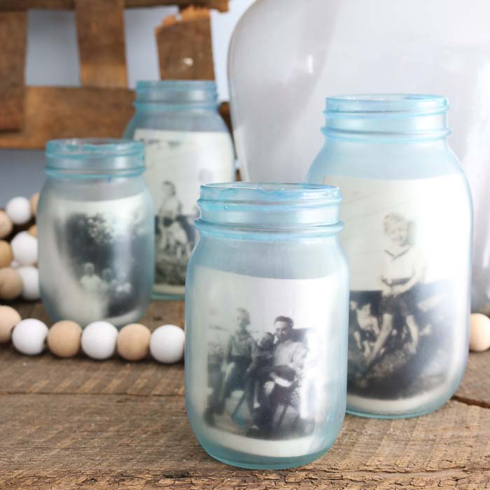 vintage glass jars with photos and beads