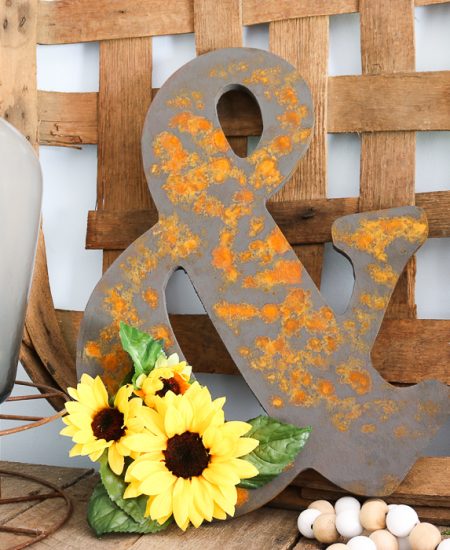 rustic wood ampersand with faux rust finish