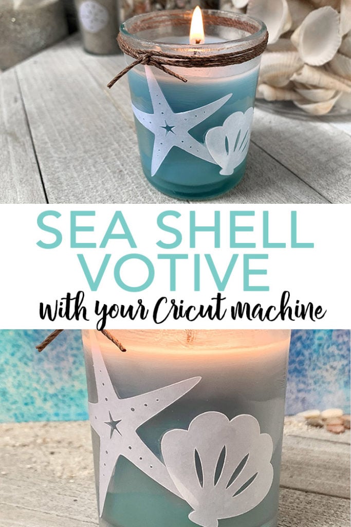 Make this sea shell votive with a free shell SVG file and your Cricut machine! You will love the look of this summer craft and how easy it is to make! #cricut #cricutmade #beach #seashell #coastal