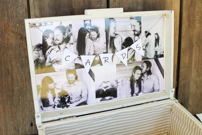 the lid of a wedding card box decorated with pictures