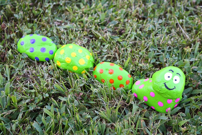rocks painted to look like a caterpillar