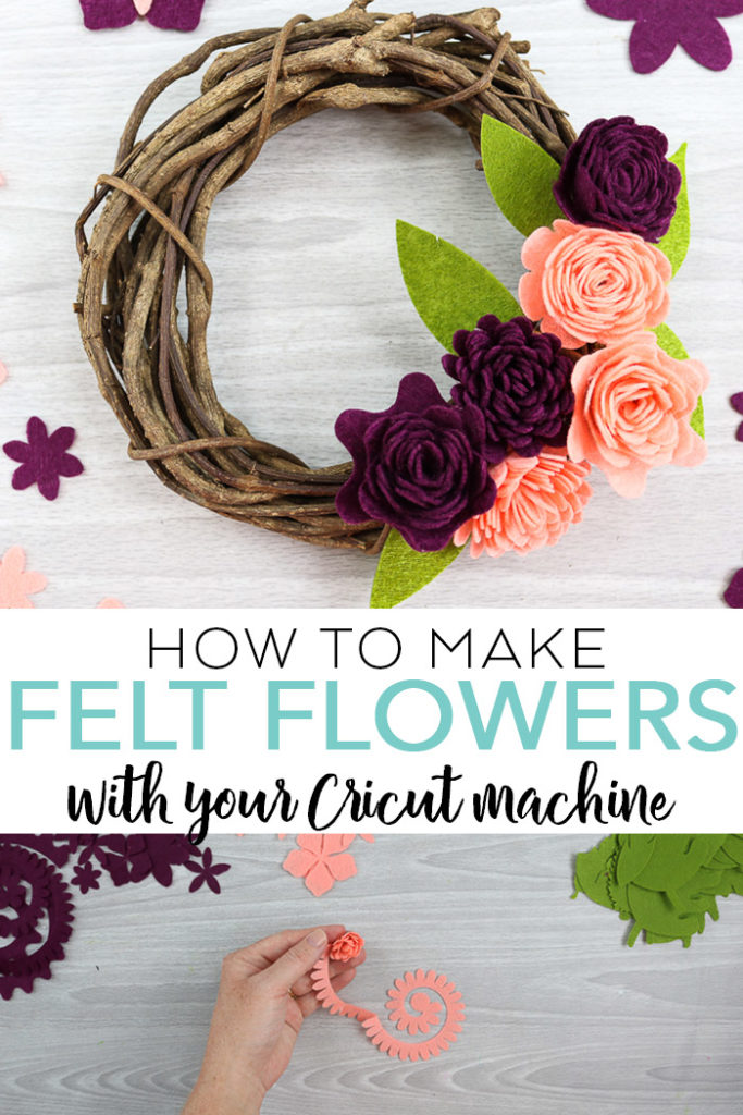 Learn how to make felt flowers with your Cricut machine! Includes a video tutorial and cut file so you can make your own rolled felt flowers in minutes! #cricut #cricutmade #felt #flowers #wreath #cutfile
