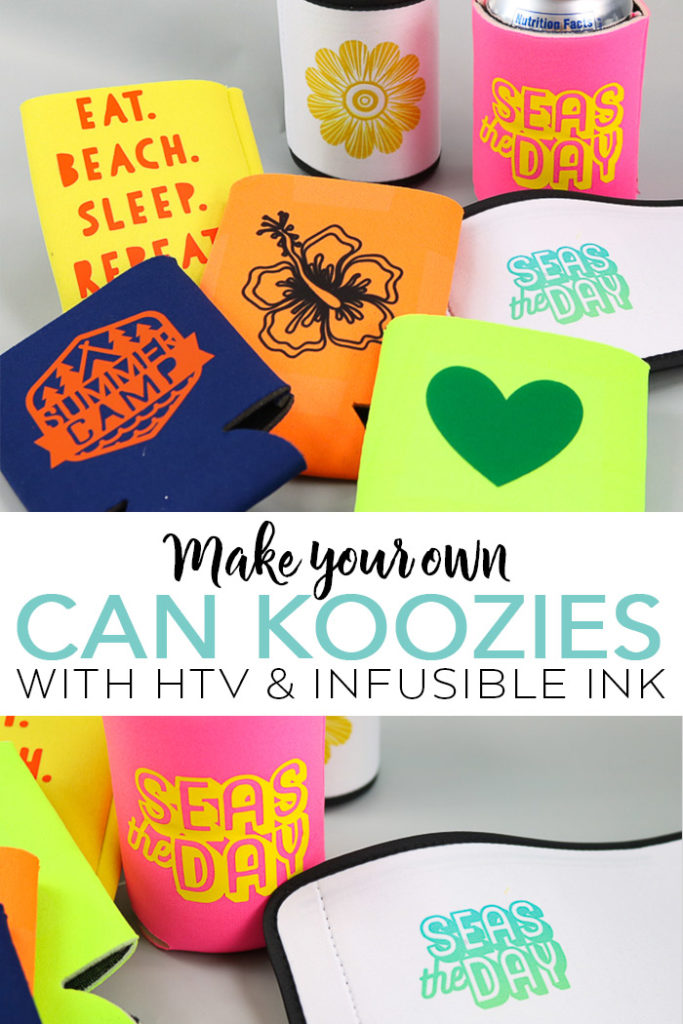 Learn how to make your own koozie with a Cricut and either heat transfer vinyl or Infusible Ink! A simple DIY koozie is great for gifts and party favors! #cricut #cricutmade #infusibleink #party #summer #giftidea #htv #cutfile