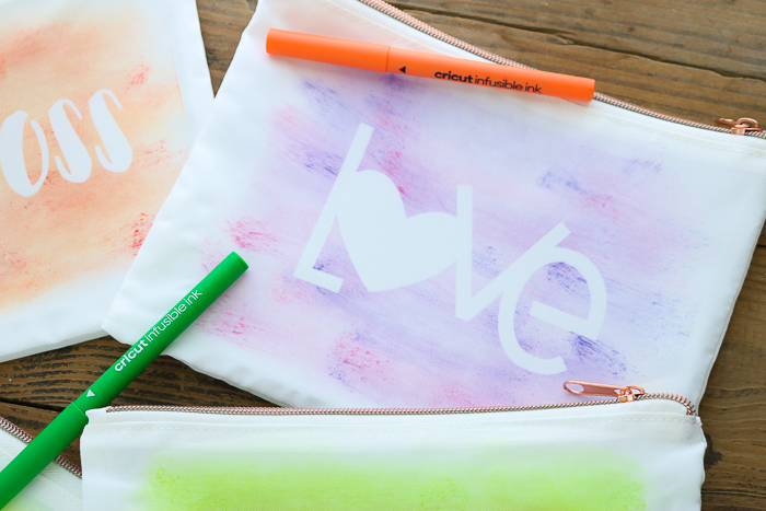 DIY makeup bag with pink and purple LOVE watercolor design