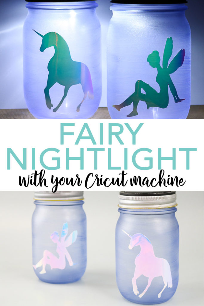 Make this fairy nightlight with just a few supplies and your Cricut machine! This solar powered mason jar will light up any room! #cricut #cricutmade #solar #fairy #unicorn