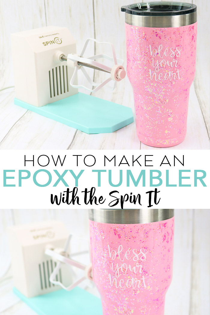 Learn how to use the Spin It from We R Memory Keepers to make an epoxy tumbler! You will love the glitter tumblers you can make with this! #tumbler #cricut #cricutmade #glitter #epoxy #epoxyresin