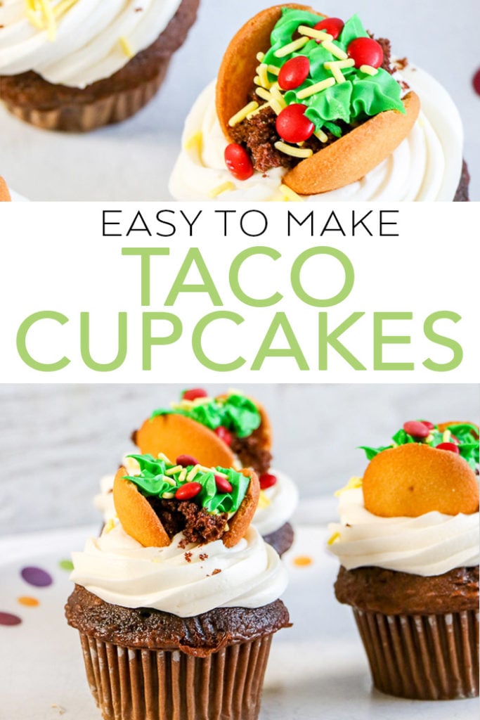 These easy to make taco cupcakes will be the highlight of any party! You can of course use them to celebrate taco Tuesday as well! #tacos #cupcakes #dessert