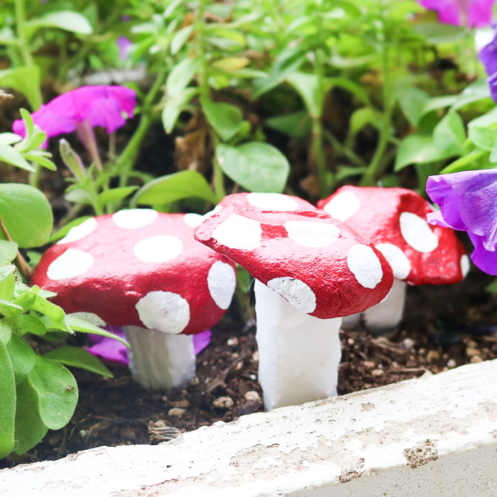 painted mushroom rocks in flowers