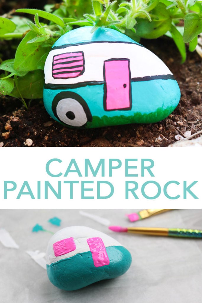 Make this camper painted rocks craft in minutes for your garden! Painting rocks is a quick and easy way to add color to any outdoor space! #paintedrocks #camper #camping #campinglife #rocks #garden