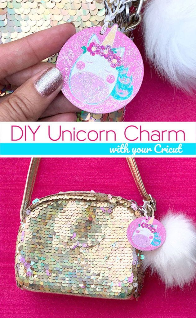 Make this DIY unicorn charm with your Cricut machine! A great addition to a purse or backpack! Use the print then cut Cricut function to make this glitter tag! #cricut #cricutmade #unicorn #printthencut #purse #tag