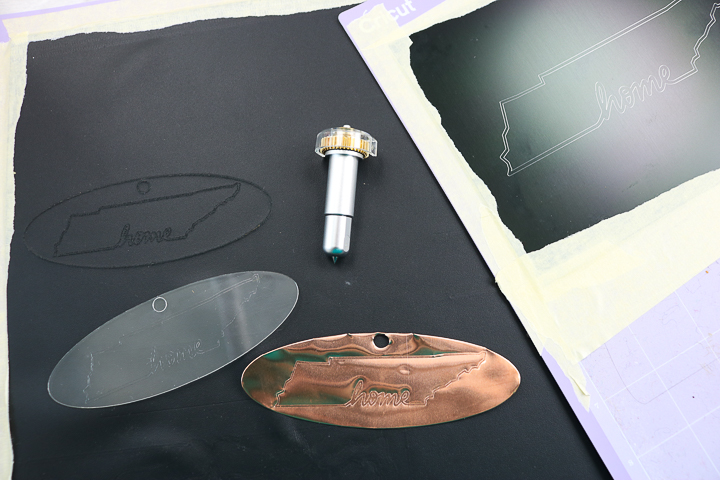 Engraved leather, acetate, and copper with Cricut Maker