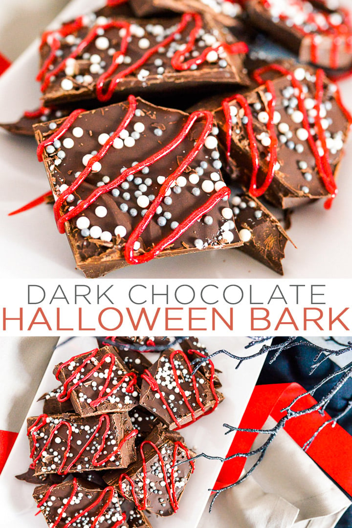 Whip up this dark chocolate bark recipe for any Halloween party that you are hosting! This easy recipe is something that kids and adults alike will love to dive into this fall! #halloween #halloweenrecipe #dessert #chocolate #yum