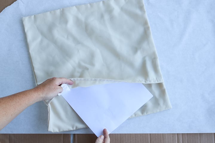 adding paper to inside of pillow cover