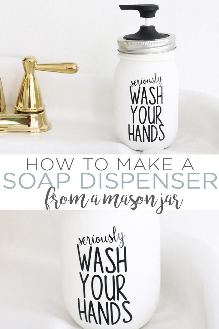 Learn how to make a mason jar soap dispenser including a free SVG file for your Cricut machine! This Rae Dunn inspired project is perfect for any bathroom! #cricut #cricutcreated #cricutmade #bathroom #masonjar #raedunn #farmhouse