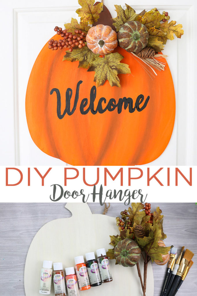 Learn how to make a DIY pumpkin door hanger for your fall decor! This quick and easy project will look amazing welcoming your Thanksgiving and fall party guests! #fall #pumpkin #doordecor #wreath #autumn