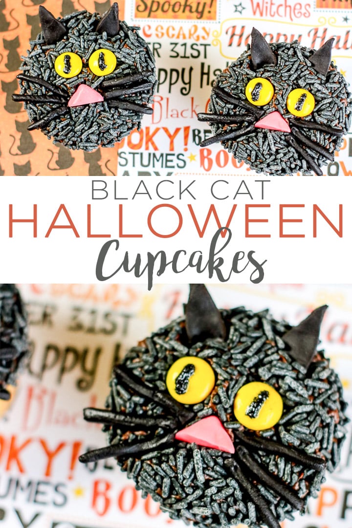 Black cat cupcakes are the perfect way to celebrate Halloween! Make these easy Halloween cupcakes for a class party or just an afternoon snack! #halloween #cupcakes #dessert #cat