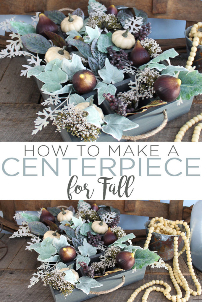 Make a fall centerpiece this season! This gorgeous farmhouse style centerpiece is easy to make and the perfect thing to adorn your table at Thanksgiving or a fall dinner party! #farmhouse #farmhousestyle #fall #centerpiece #autumn