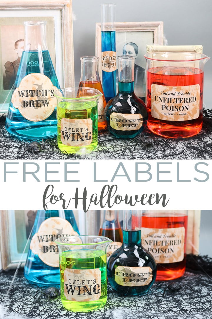 A collection of glass vessels with colorful liquid and hallowen labels on them